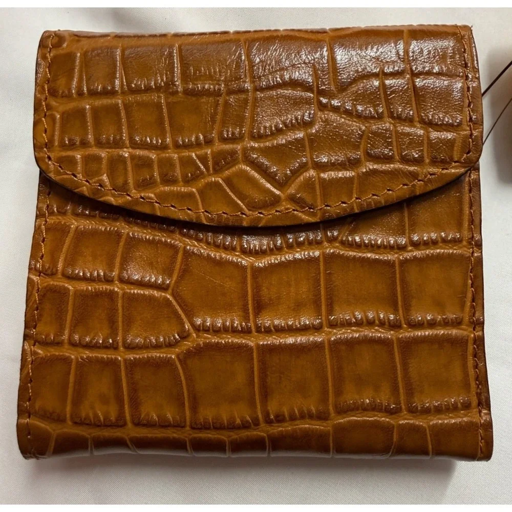 Patricia Nash Reiti Bi-Fold Croc Embossed Leather Flap Wallet RFID‎ Cognac NWT
